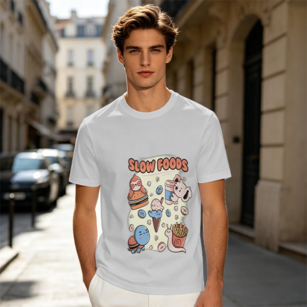 Olive green graphic t-shirt with slow foods animal fast food mashup print