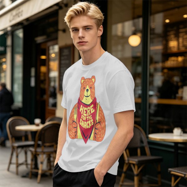 Olive T-Shirt With Happy Bear Holding Fork And Knife Here For Snacks Print