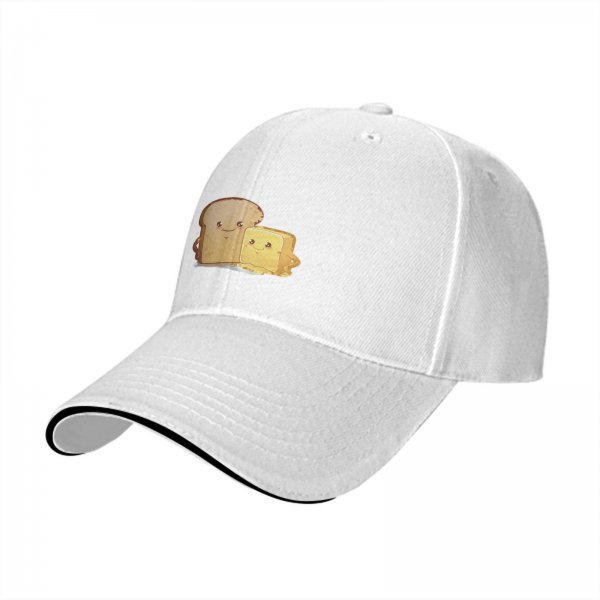 Black Baseball Cap With Cute Bread And Butter Cartoon Print