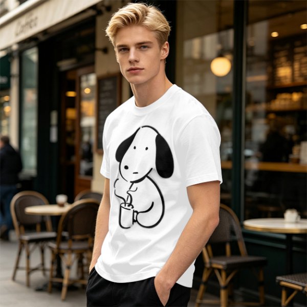 Olive Green T-Shirt With Cartoon Dog Holding Hot Drink Graphic