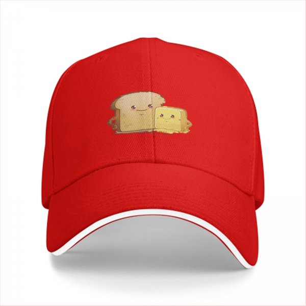 Black Baseball Cap With Cute Bread And Butter Cartoon Print