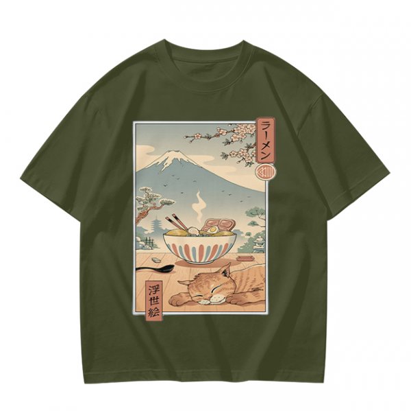 Olive t-shirt with ukiyo-e style ramen cat and Mount Fuji print