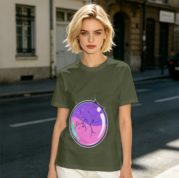 Olive T-shirt with Sleeping Cats in Colorful Bubble Graphic