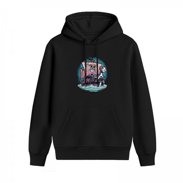 Black hoodie with One Piece Going Merry pirate ship graphic