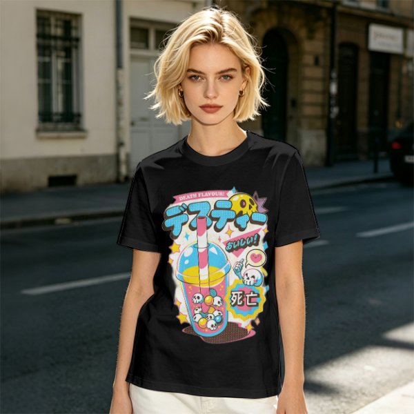 Oversized Graphic Tee with Death Flavor Bubble Tea Print