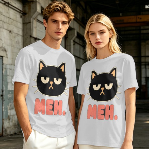 Olive T-Shirt With Grumpy Black Cat Meh Graphic Print