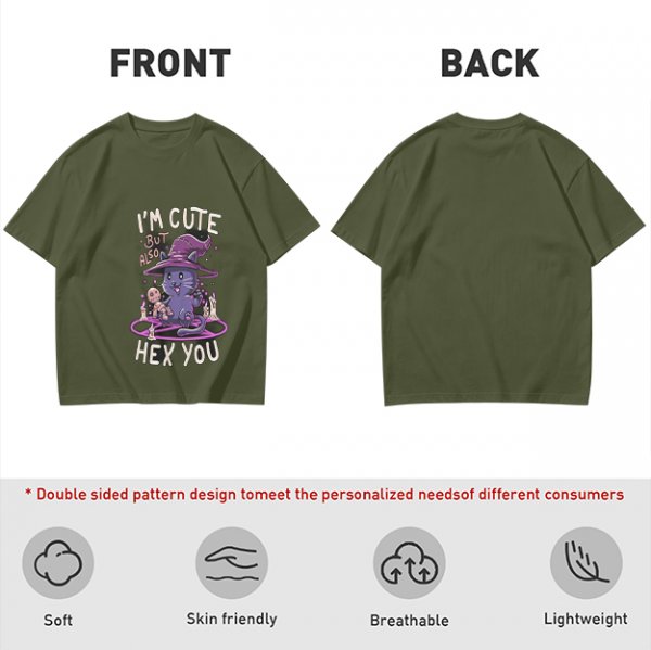 Olive green t-shirt with cute witch cat hex you graphic