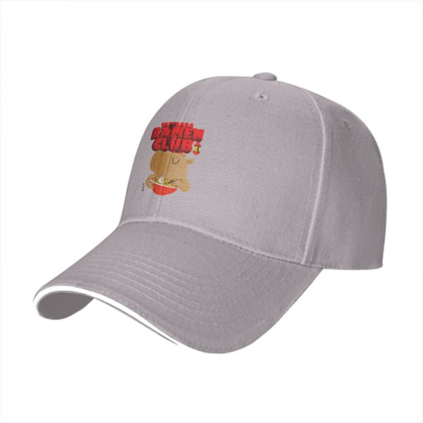 Black baseball cap with capybara eating ramen ramen club print