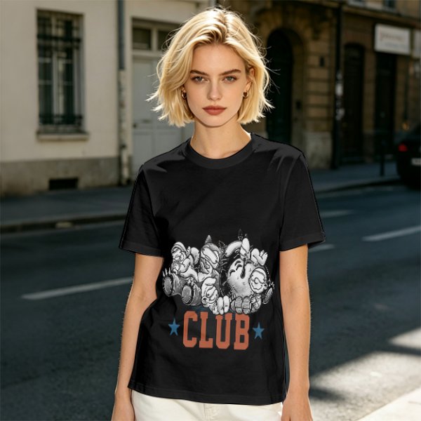 Olive T-Shirt With Cartoon Characters And 'CLUB' Graphic Print