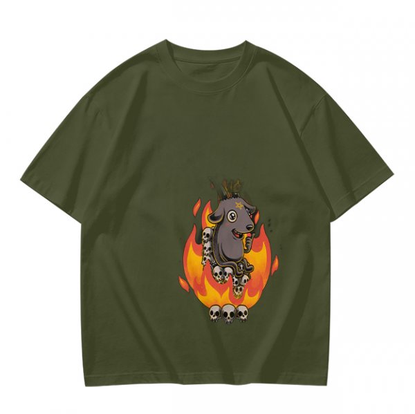 Olive T-Shirt With Cartoon Goat On Flames And Skulls Print