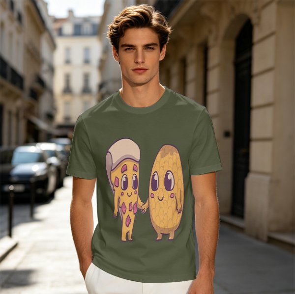 Olive Green T-Shirt With Cute Pizza And Corn Holding Hands Art
