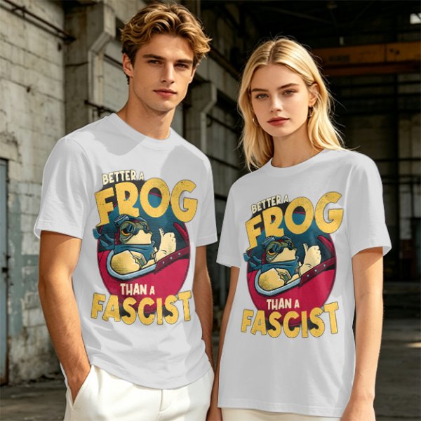 Olive graphic t-shirt with 'Better a Frog Than a Fascist' pilot frog design