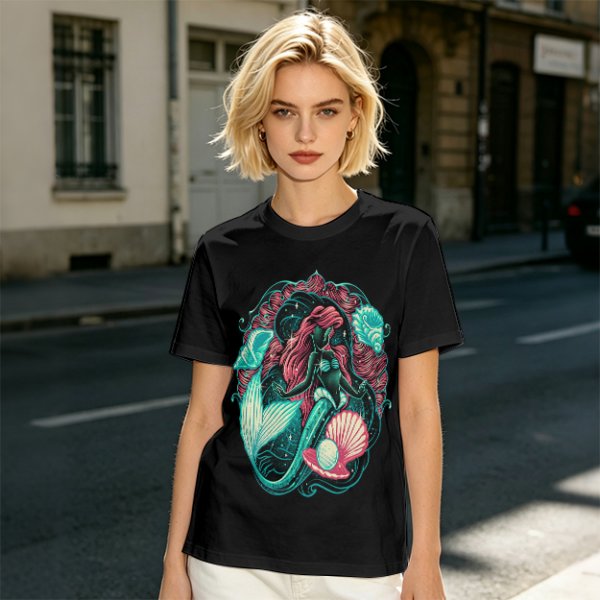 Olive T-Shirt With Mermaid And Seashell Graphic Print