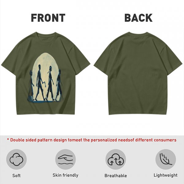 Olive T-shirt with Walking Silhouettes Under a Large Moon