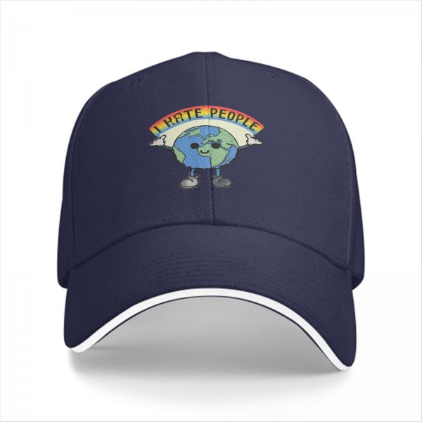 Black baseball cap with cartoon Earth graphic and 'I HATE PEOPLE' text