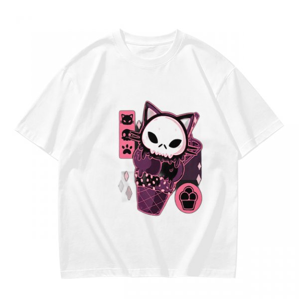 Olive T-Shirt with Skull Cat Ice Cream Graphic Print