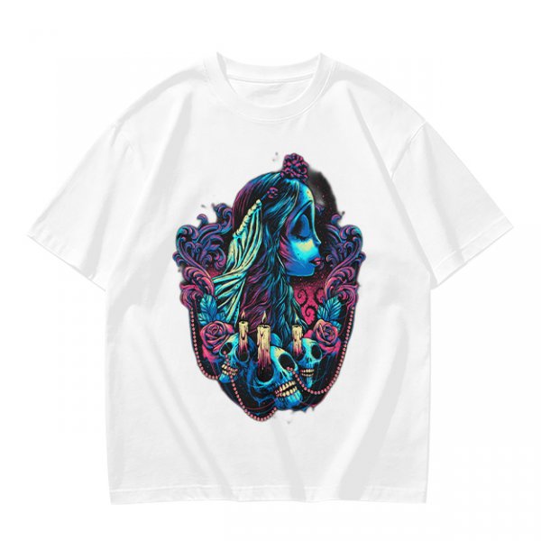 Olive T-Shirt with Gothic Corpse Bride Skull Candle Rose Print