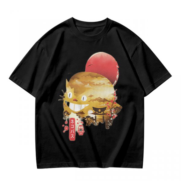 Olive t-shirt with Japanese cat bus and sun graphic