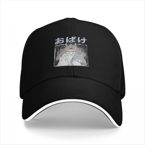 Black baseball cap with Totoro forest spirit graphic and Japanese text