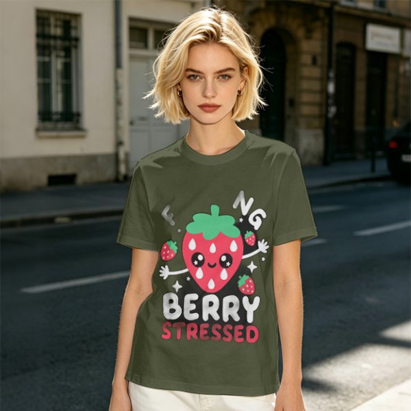 Olive graphic t-shirt with crying strawberry and 'berry stressed' text