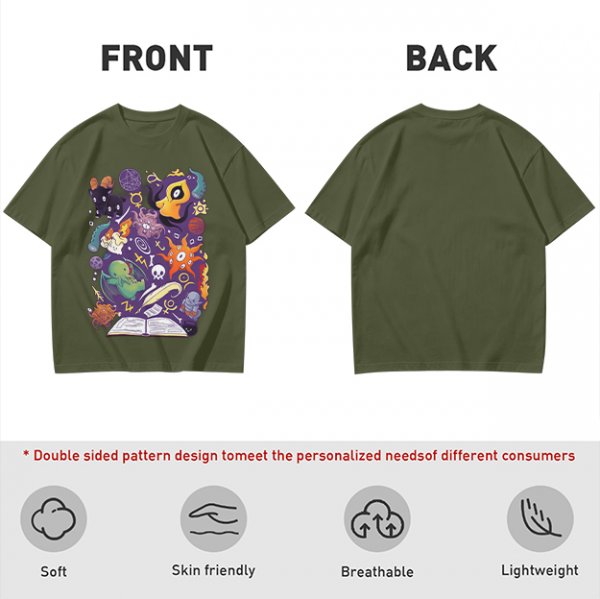 Olive T-Shirt With Cute Occult Monster And Spell Book Print