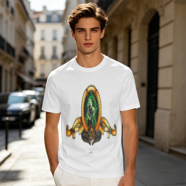 Olive Green T-Shirt With Ornate Golden Frame And Green Wolf Head Print