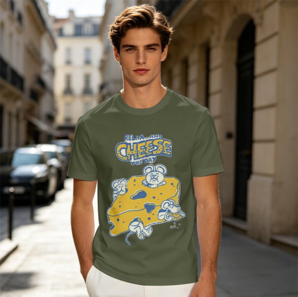 Olive graphic t-shirt with 'Relax and Cheese the Day' and mice on cheese