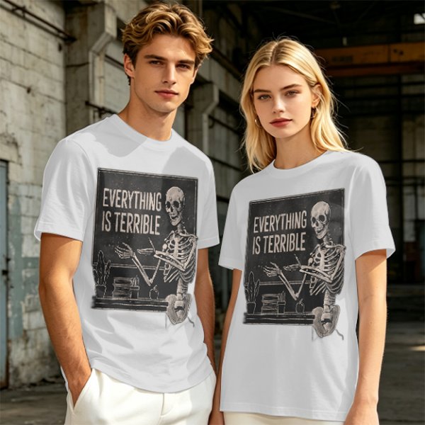 Olive t-shirt with skeleton teacher and 'Everything Is Terrible' print