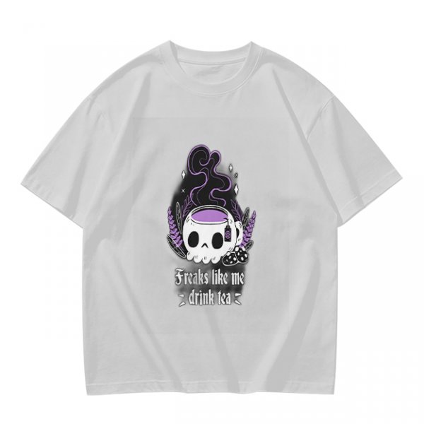 Olive graphic t-shirt with skull tea cup and 'Freaks like me drink tea' text