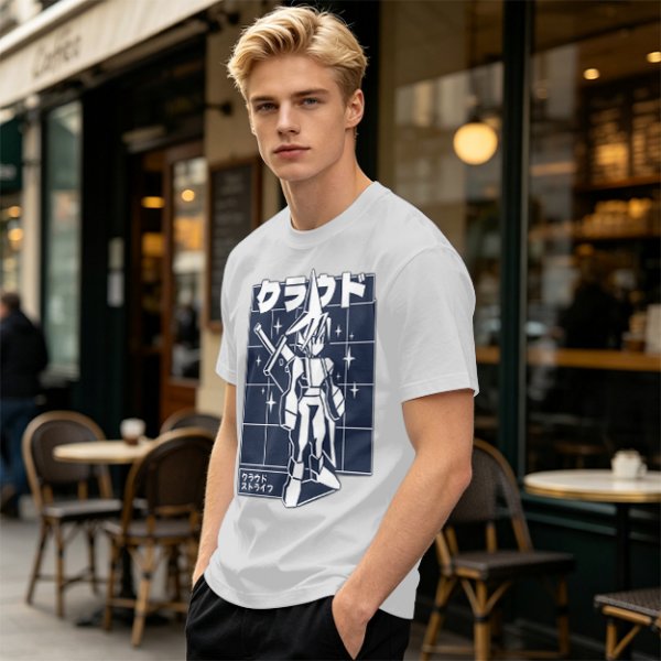 Olive t-shirt with stylized anime warrior graphic and Japanese text