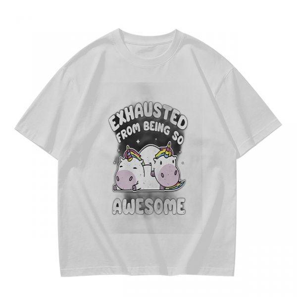 Olive t-shirt with exhausted unicorn hippo graphic and funny text