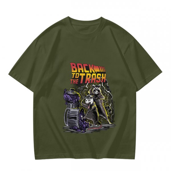 Olive graphic t-shirt with Back to the Trash raccoon design