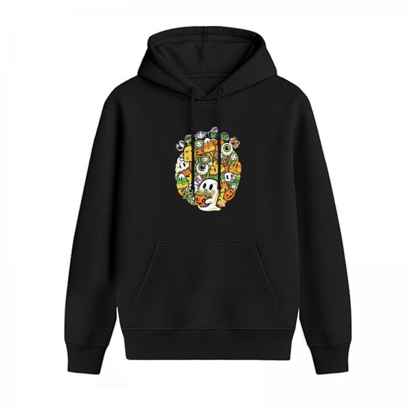 Black hoodie with playful Halloween monster doodle graphic