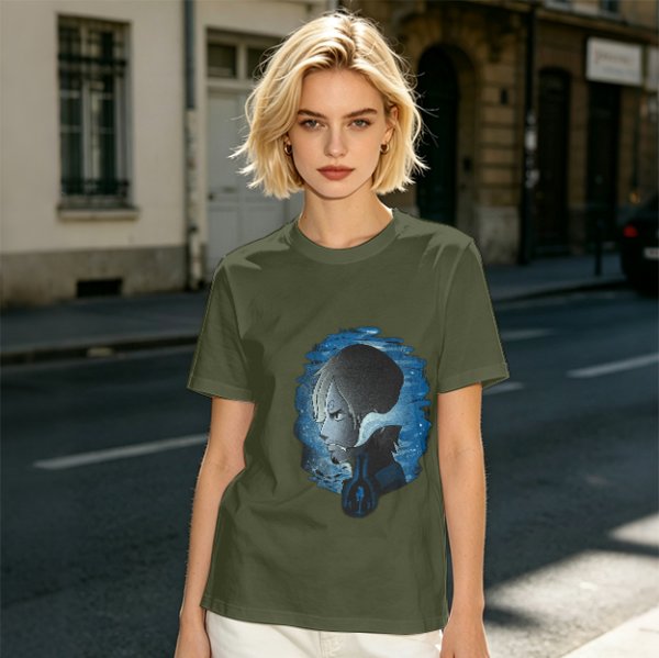 Olive T-Shirt With Anime Character Profile In Blue Cosmic Print