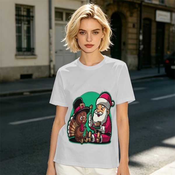Olive T-Shirt with Santa and Thanksgiving Turkey Graphic