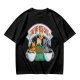 Olive green t-shirt with cat coffee cup graphic and playful text design