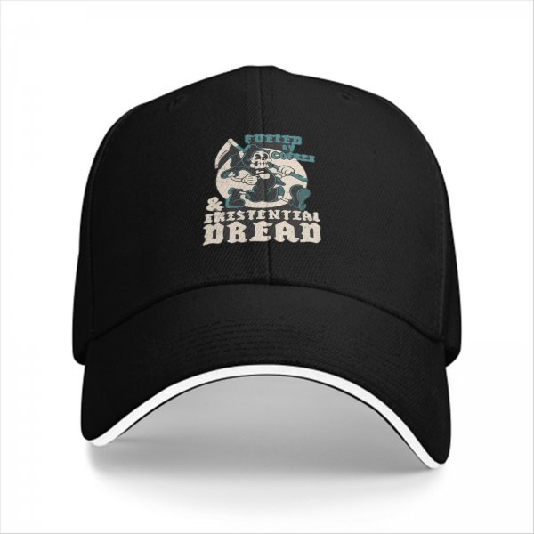 Black baseball cap with 'Fueled by Coffee & Existential Dread' grim reaper graphic