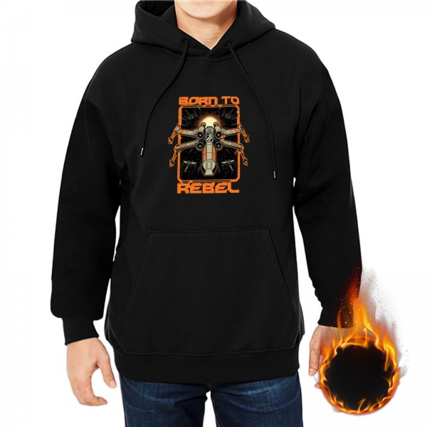Black hoodie with 'Born to Rebel' X-wing space graphic