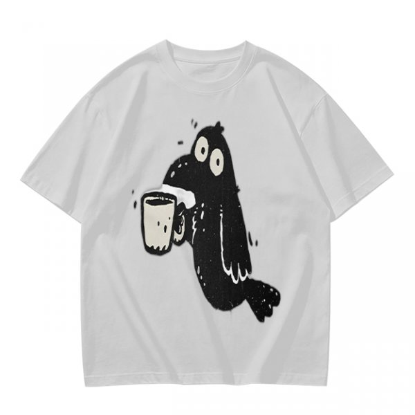 Olive Green T-Shirt With Cartoon Crow Holding Coffee Mug Print