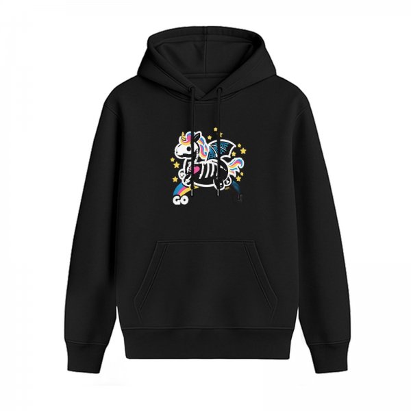 Black hoodie with skeleton unicorn pegasus rainbow star graphic