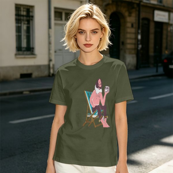Olive T-Shirt With Relaxed Bearded Man Holding Skull Cup Print