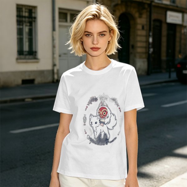 Olive T-Shirt With Chibi Princess Mononoke Wolf Rider Artwork