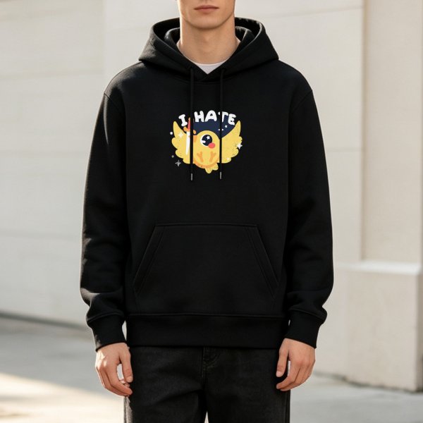 Black hoodie with pirate chick graphic and 'I HATE' text