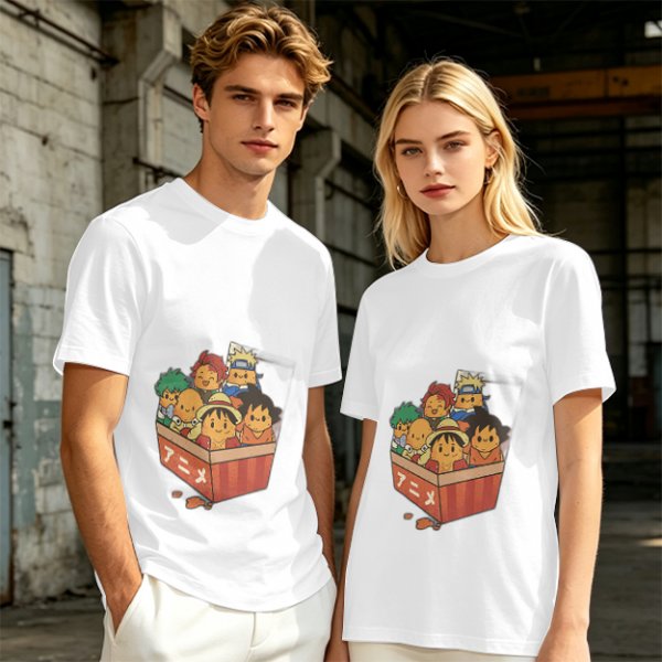 Olive T-shirt with Chibi Anime Characters in Takeout Box