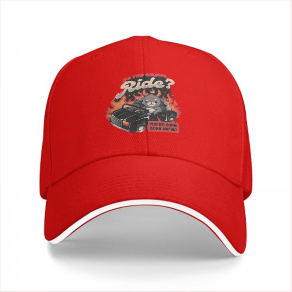 Black baseball cap with devil cat driving flaming car 'Do You Wanna Ride?' print