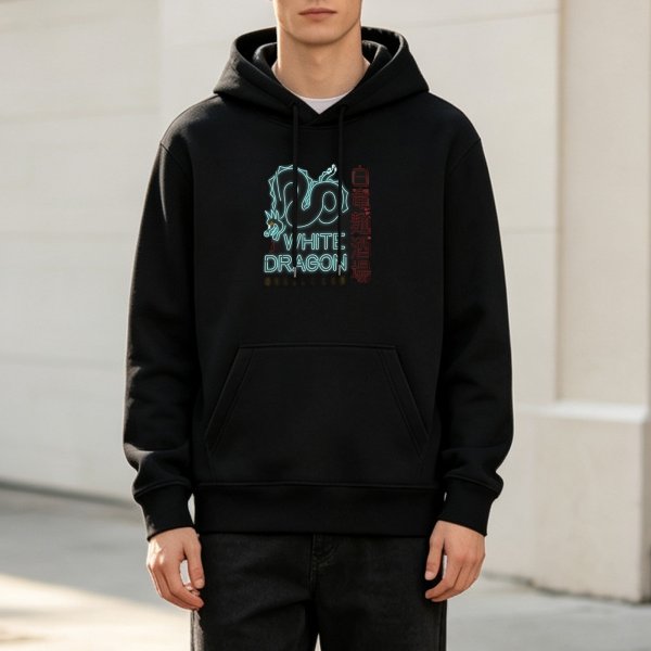 Black hoodie with white dragon neon graphic and text print