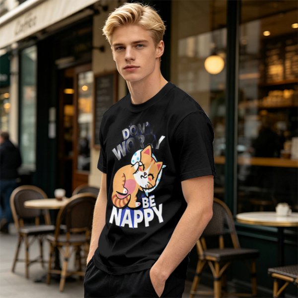 Olive T-Shirt with Don't Worry Be Nappy Sleeping Cat Graphic