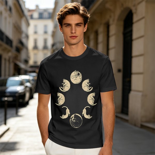 Olive T-Shirt With Cat Phases Moon Cycle Graphic Print