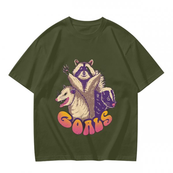 Olive Graphic T-Shirt With Raccoon Opossum Skunk 'GOALS' Print