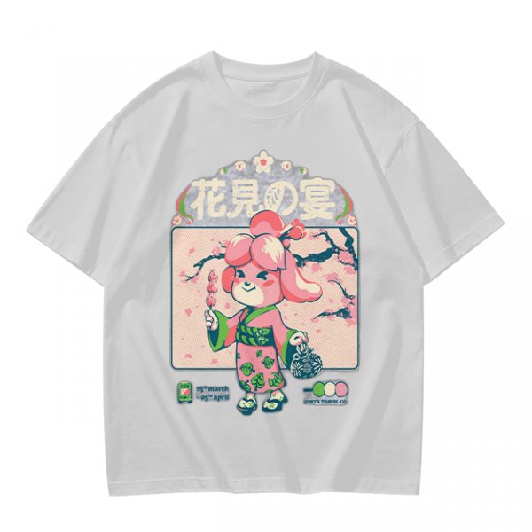 Olive green t-shirt with cherry blossom festival dog character print
